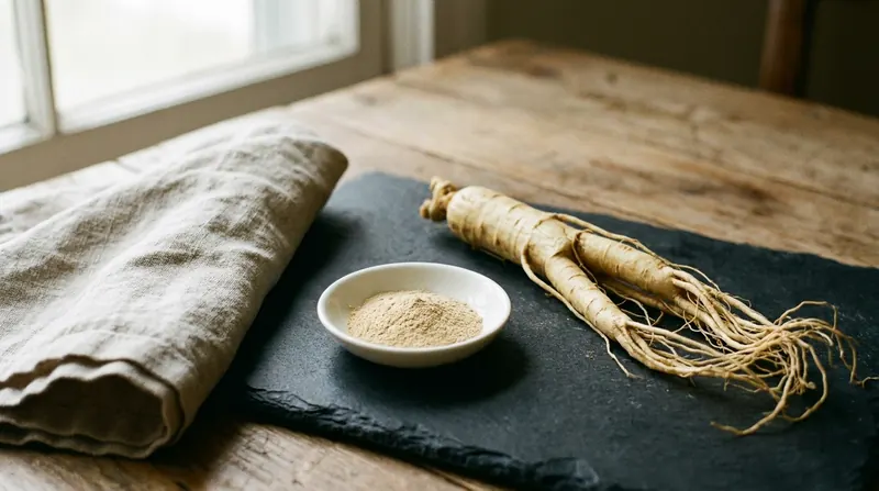 A forked pale ginseng root on a slate board beside a small dish of tan root powder