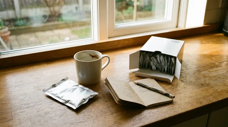 A kitchen counter with an empty foil sachet, an empty mug, an open notebook and a carton of sachets