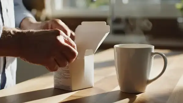 A man's hands sliding a small foil sachet out of a carton and setting it flat on the counter beside a mug
