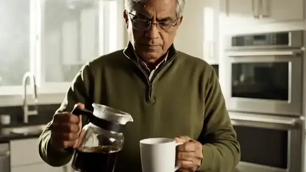A man in his sixties pouring half a mug of coffee and setting a small foil sachet beside it