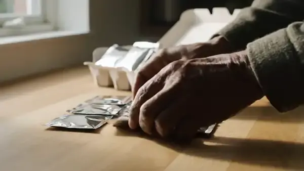 A man's hands laying small foil sachets in rows on a table and counting them with a finger