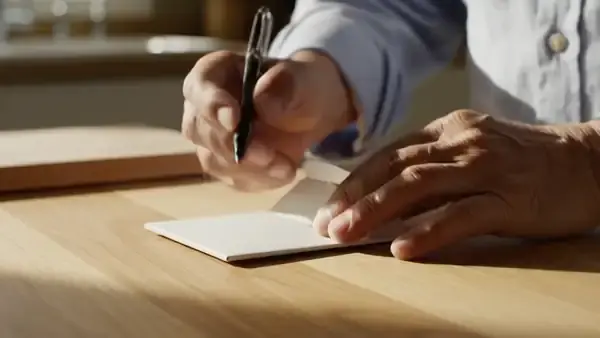 A man's hands writing a date on the flap of a small white carton and sliding it into a drawer